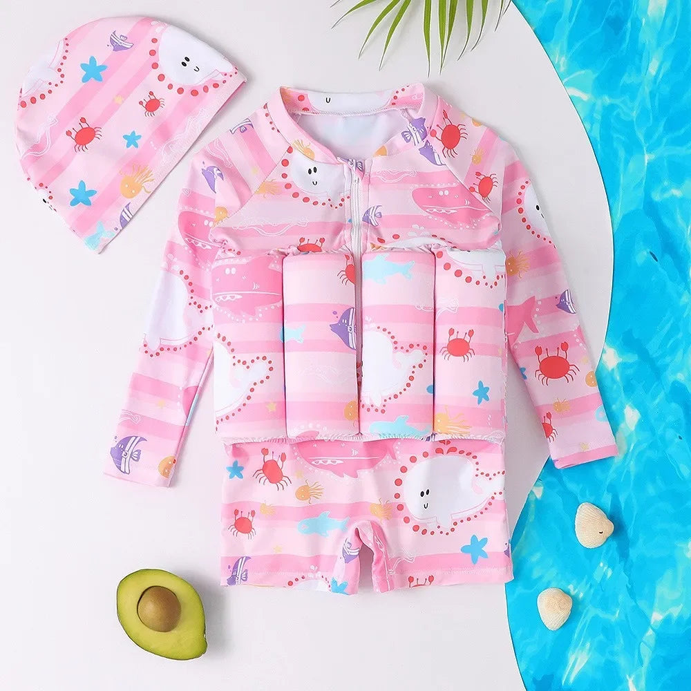 Children'S Buoyancy Swimsuit One-Piece Swimsuit for Kids Floating Rash Guards Cartoon Print Girls Boys Swimwear Swimming Clothes