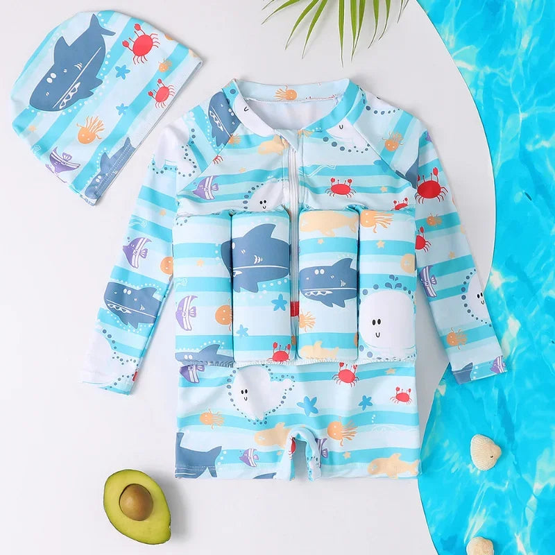 Children'S Buoyancy Swimsuit One-Piece Swimsuit for Kids Floating Rash Guards Cartoon Print Girls Boys Swimwear Swimming Clothes